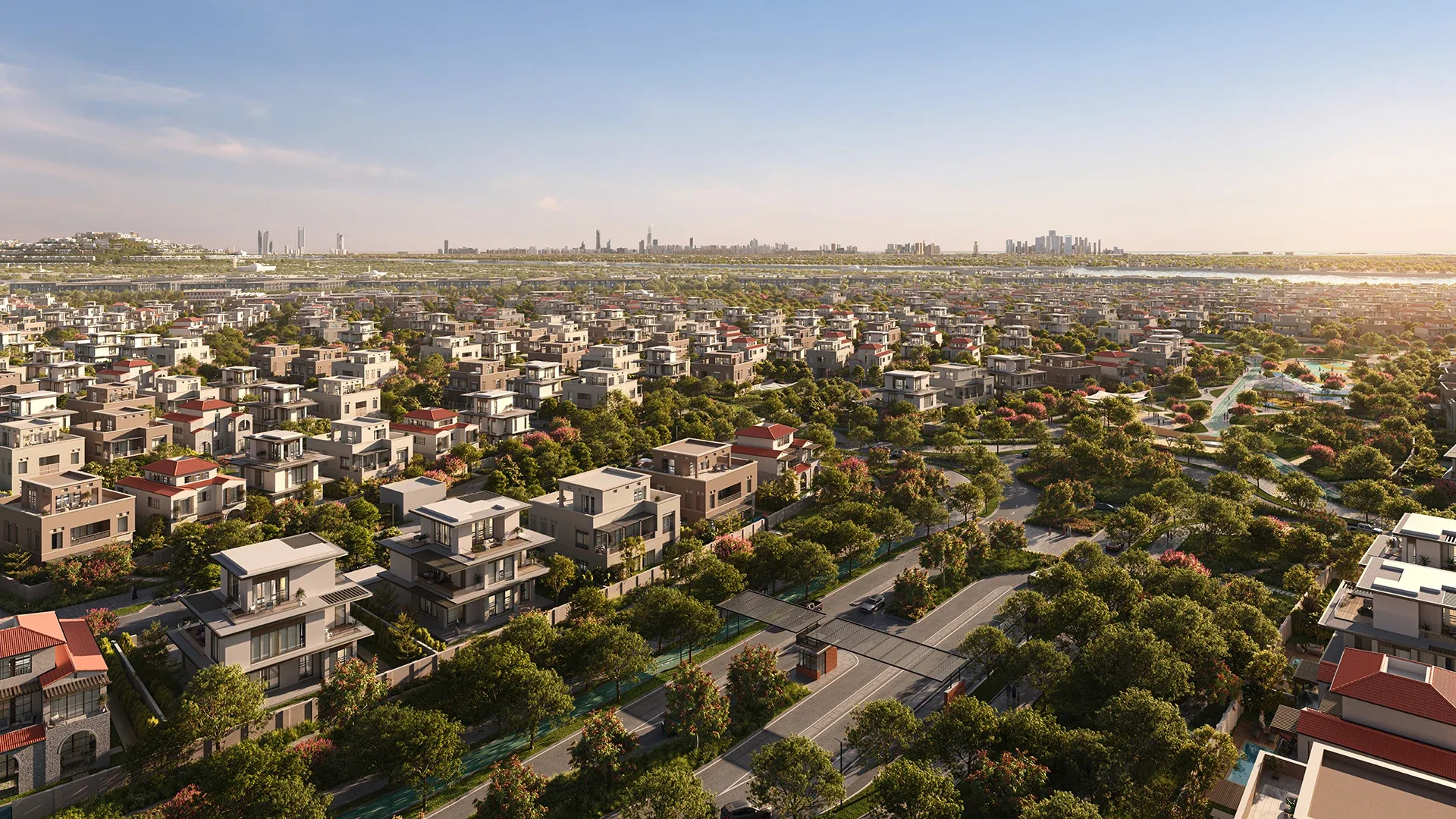 Wadeem Gardens aerial view of townhouses and villas with central parkland by Modon on Hudayriyat Island, Abu Dhabi