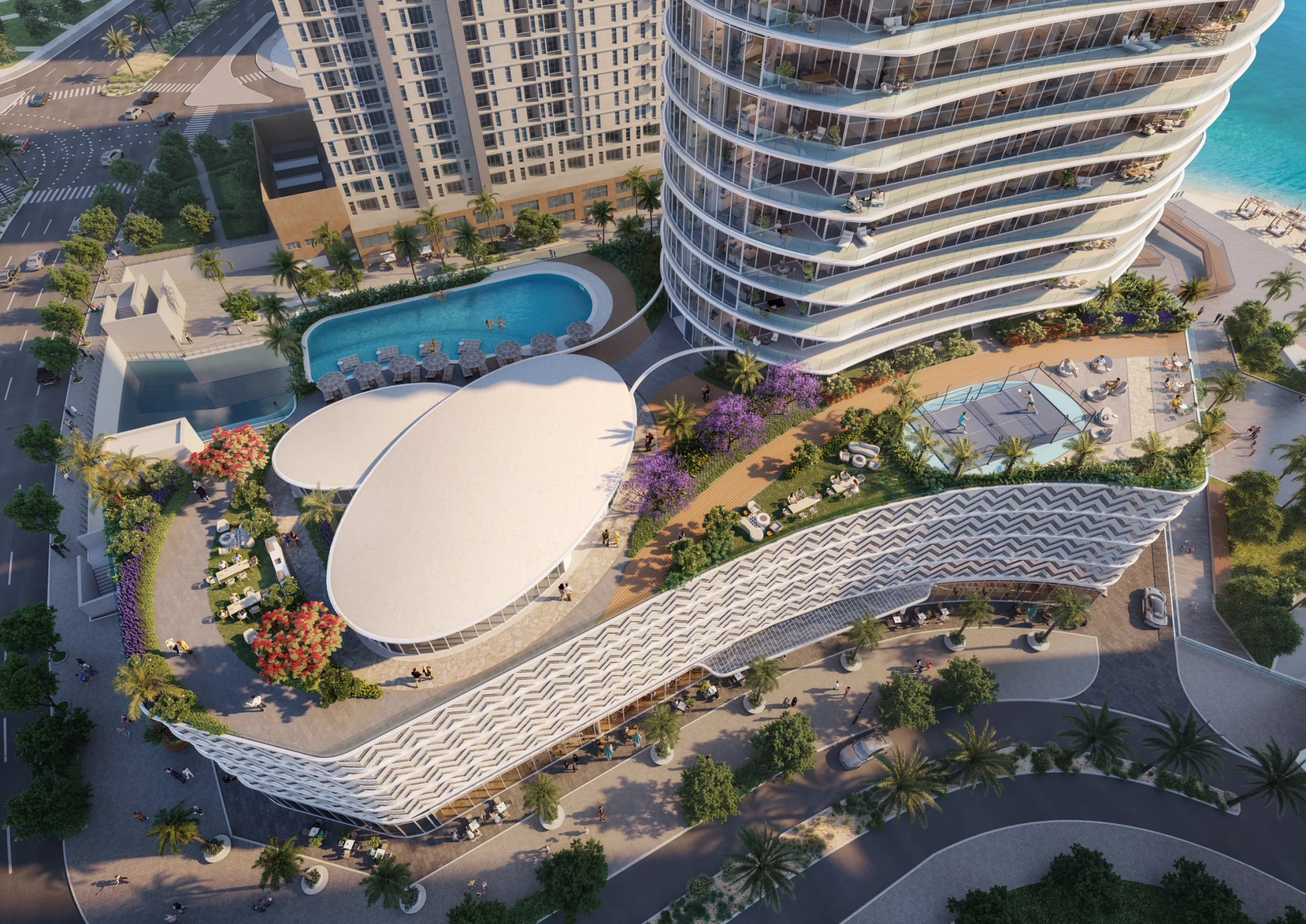 First-floor amenity deck of Waterfront by Missoni seen from above at Shams Abu Dhabi, Al Reem Island