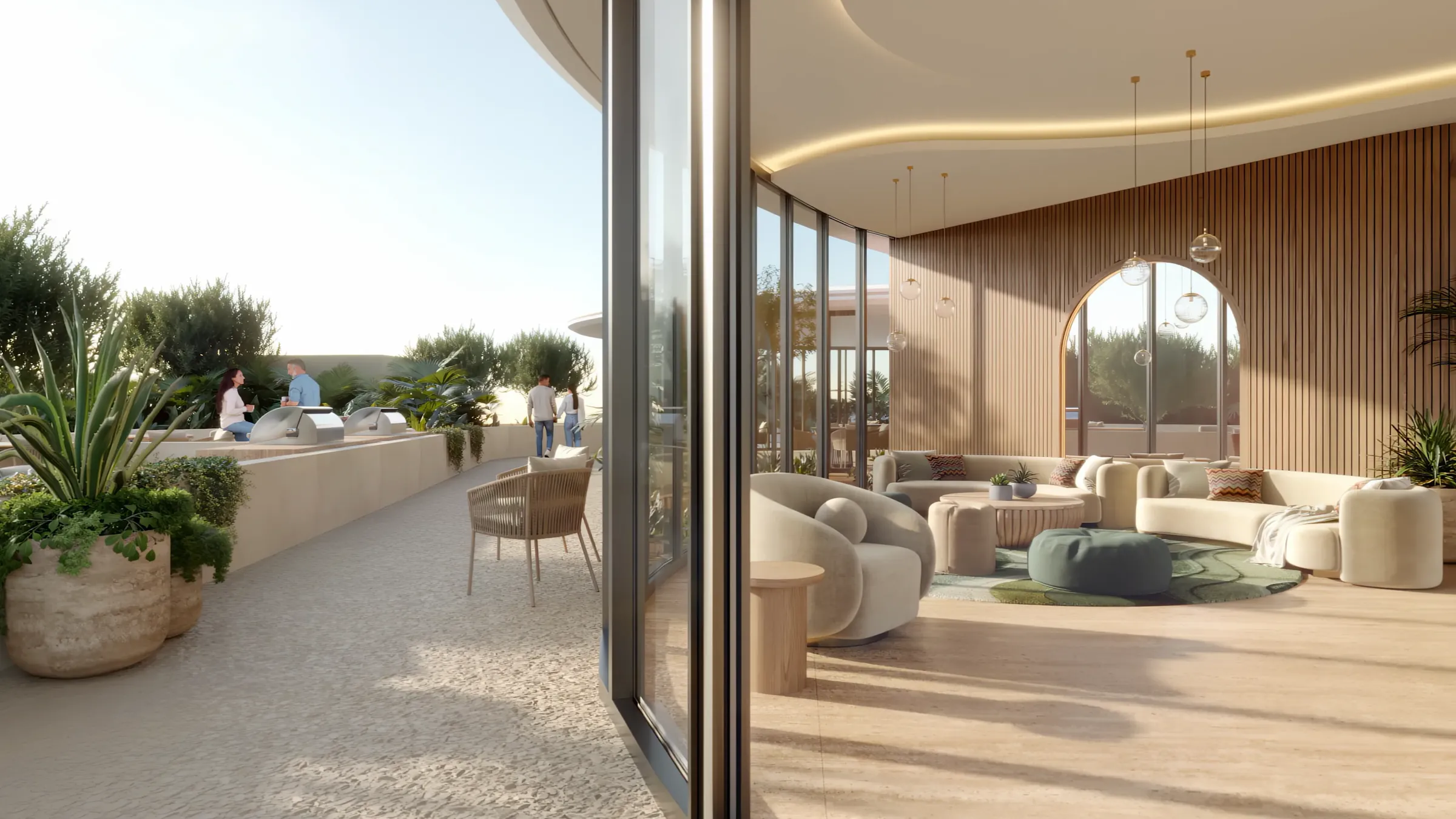 Clubhouse terrace opening from the lounge at Waterfront by Missoni, Shams Abu Dhabi, Al Reem Island
