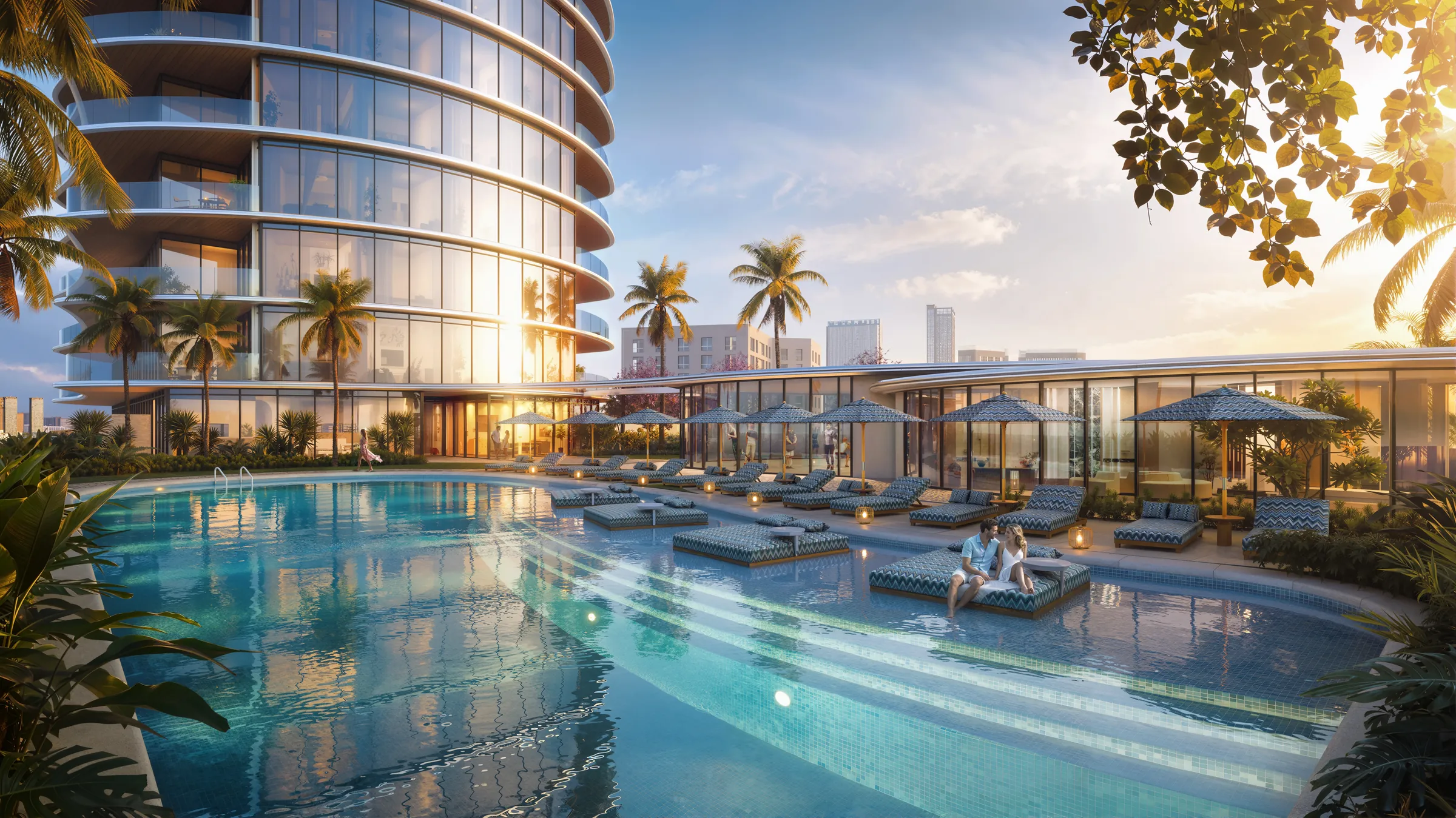 Pool deck at sunset beside the curved tower at Waterfront by Missoni, Shams Abu Dhabi, Al Reem Island