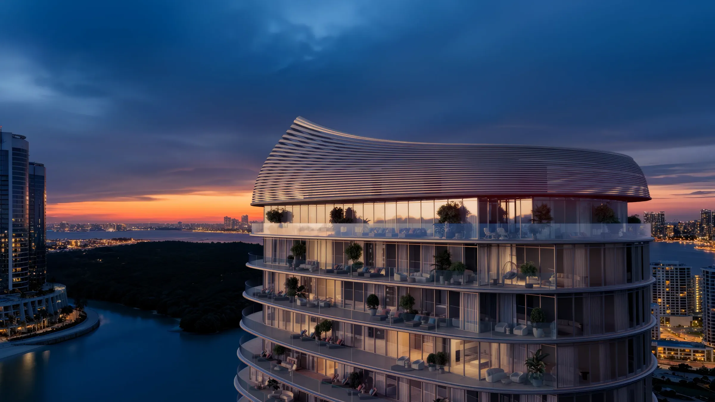 Crown of the Waterfront by Missoni tower at dusk above the canal at Shams Abu Dhabi, Al Reem Island