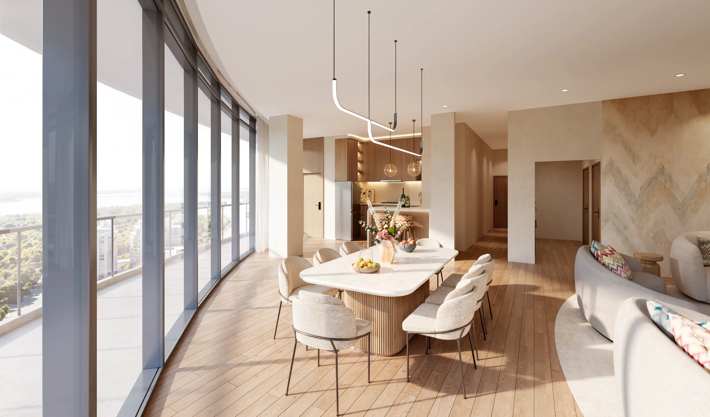 Dining room with a fluted marble table and curved glazing at Waterfront by Missoni, Shams Abu Dhabi, Al Reem Island