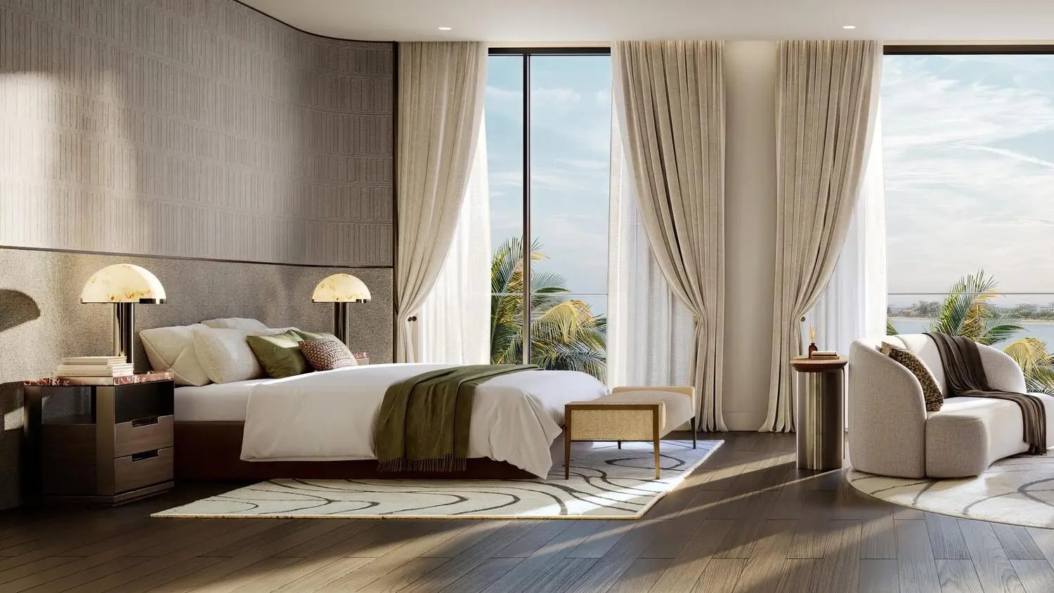 Yas Riva Reserve master bedroom interior with waterfront views on Yas Island, Abu Dhabi, by Aldar