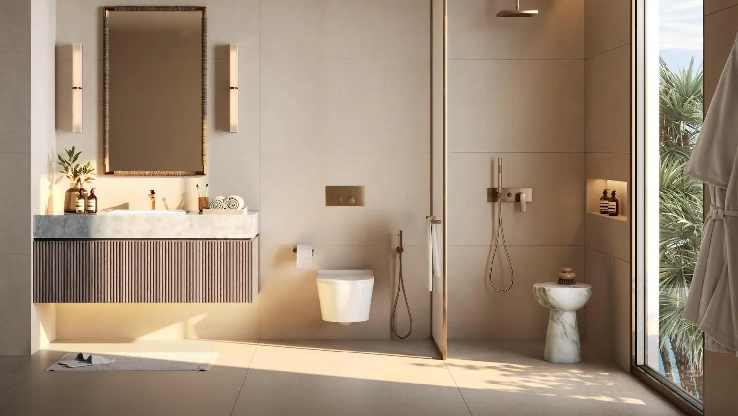 Yas Riva Reserve guest bathroom interior with marble vanity on Yas Island, Abu Dhabi, by Aldar