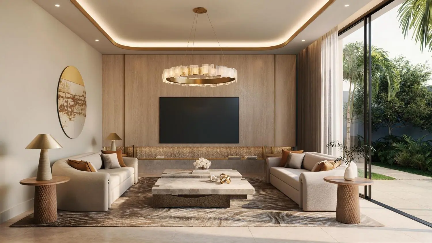 Yas Riva Reserve villa living room interior with designer lighting and garden views on Yas Island, Abu Dhabi