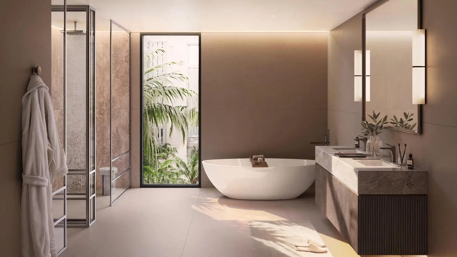 Yas Riva Reserve master bathroom interior with freestanding tub on Yas Island, Abu Dhabi, by Aldar