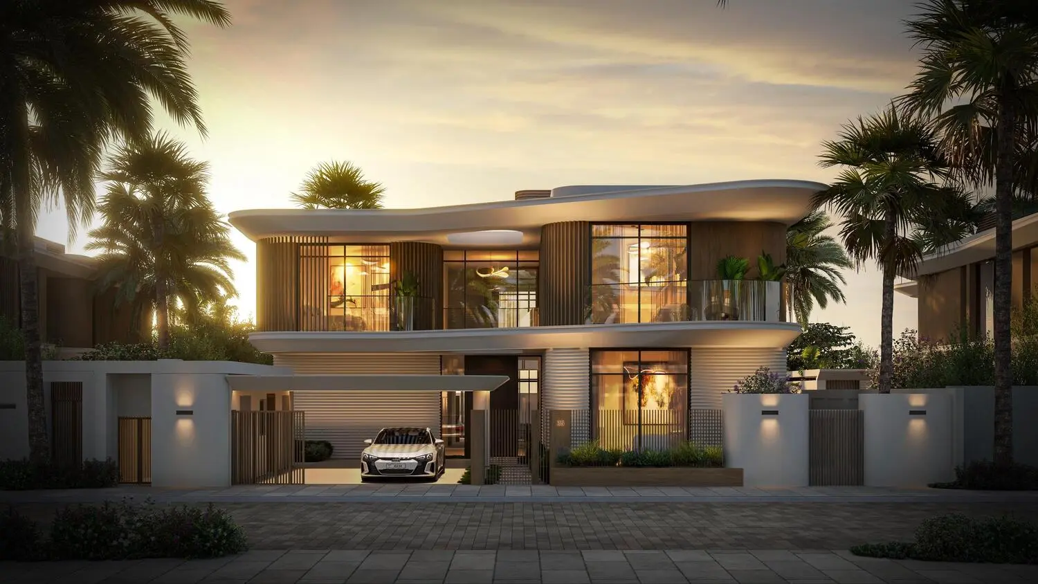 Yas Riva Reserve villa exterior at dusk with warm interior lighting on Yas Island, Abu Dhabi, by Aldar