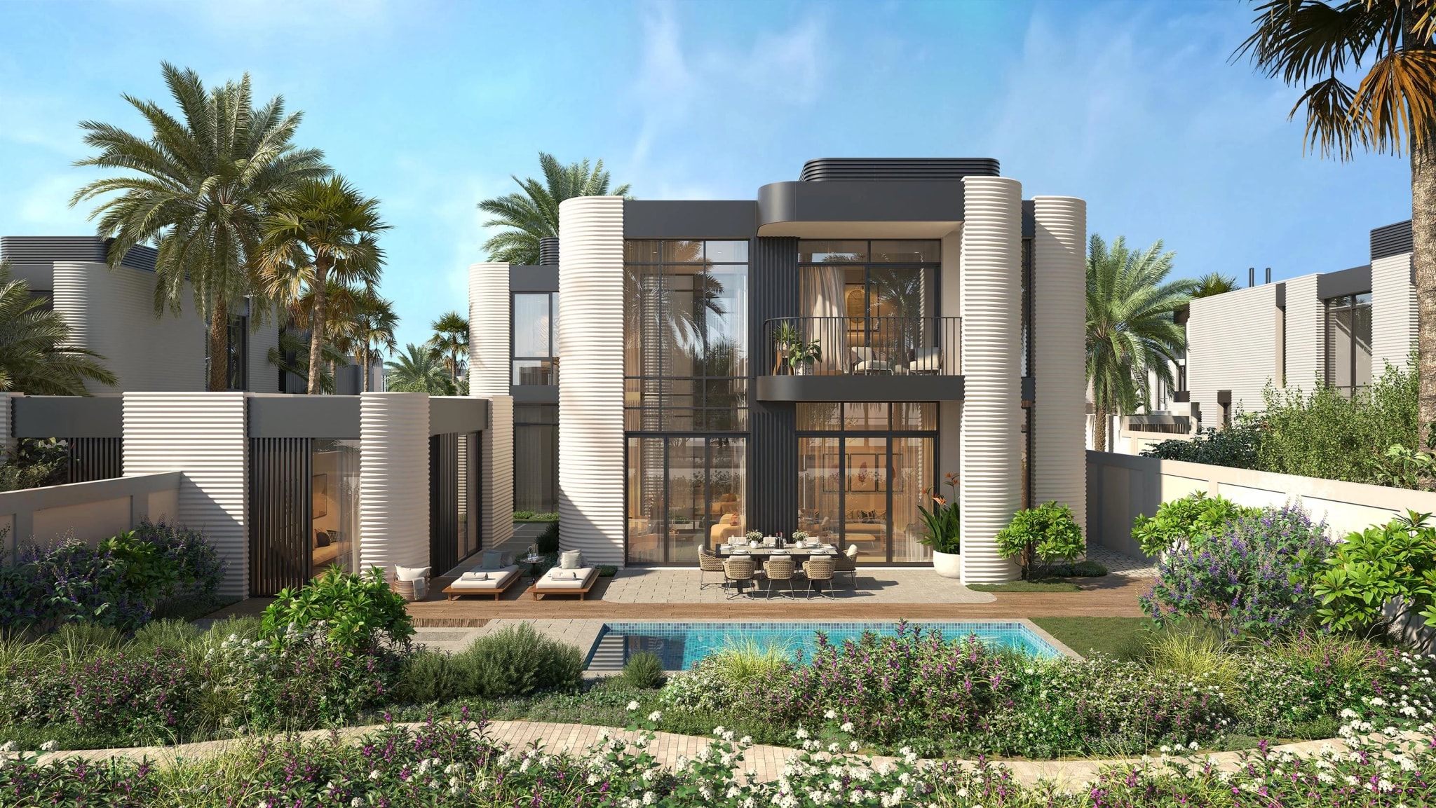 Open-plan villa living room interior at Yas Riva Reserve on Yas Island, Abu Dhabi, Light or Dark scheme