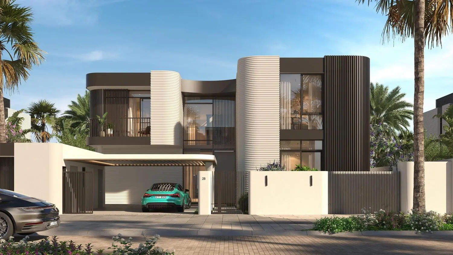 Yas Riva Reserve villa street frontage with contemporary architecture on Yas Island, Abu Dhabi, by Aldar