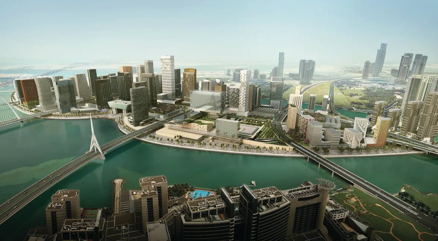 Address Residences Al Maryah Island, Al Maryah Island, Abu Dhabi: aerial of the waterfront, bridges and Reem Island.
