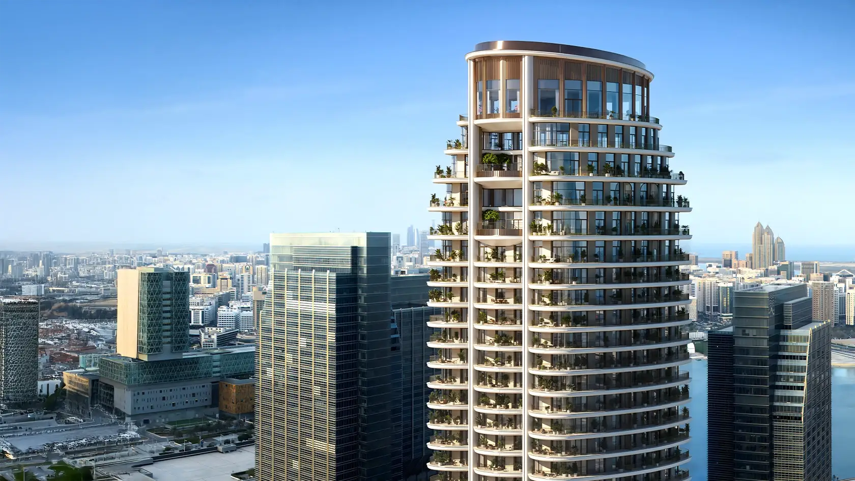 Address Residences Al Maryah Island, Al Maryah Island, Abu Dhabi: published tower exterior with curved terraced balconies above the skyline.