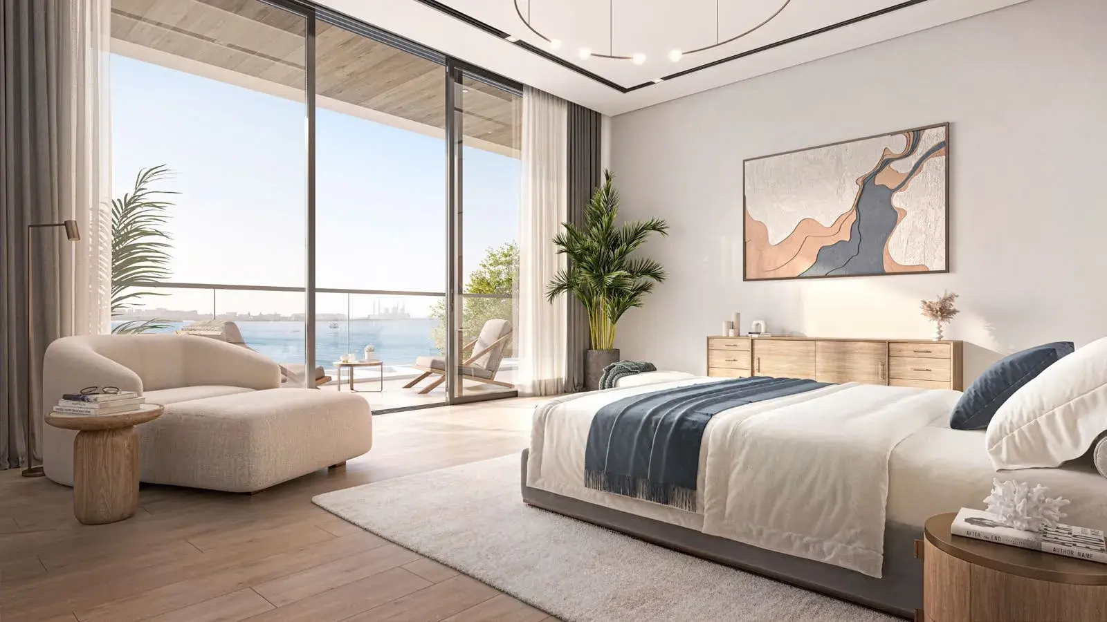 Master bedroom with balcony and sea view at Bashayer Residences on Hudayriyat Island, Abu Dhabi by Modon