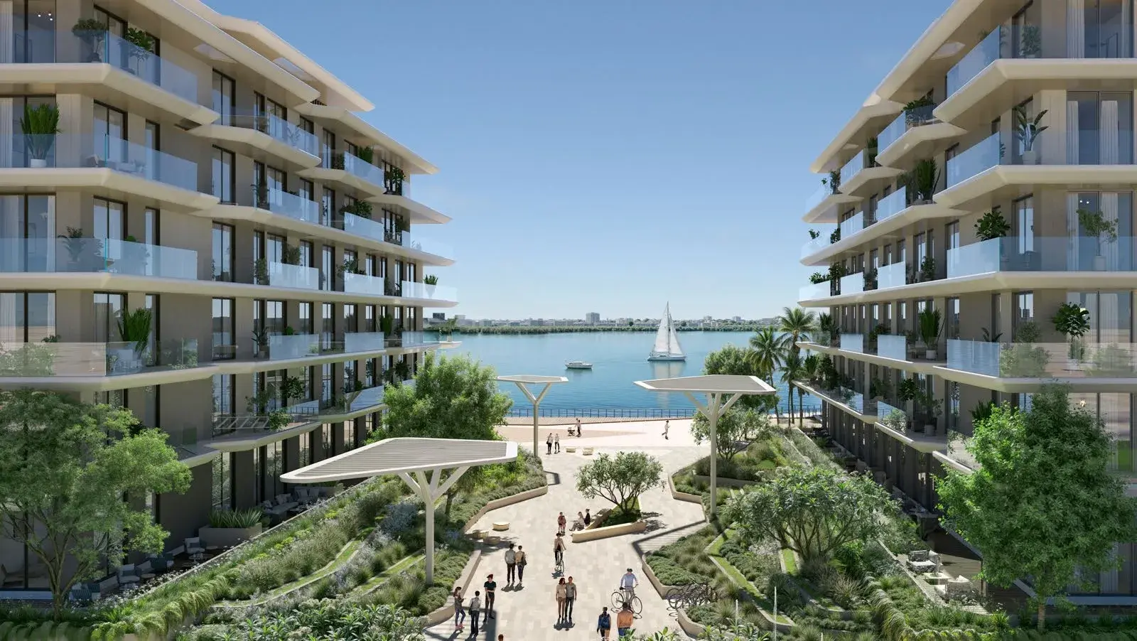 Landscaped central promenade between Bashayer Residences blocks with sea views on Hudayriyat Island, Abu Dhabi