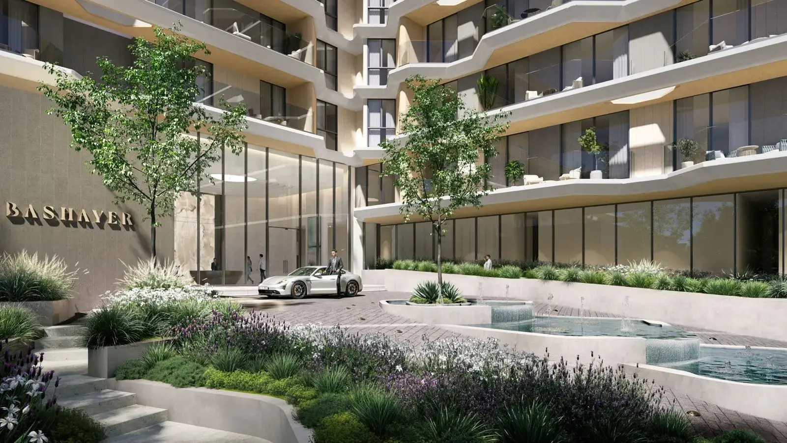 Grand lobby entrance and landscaped drop-off at Bashayer Residences on Hudayriyat Island, Abu Dhabi by Modon