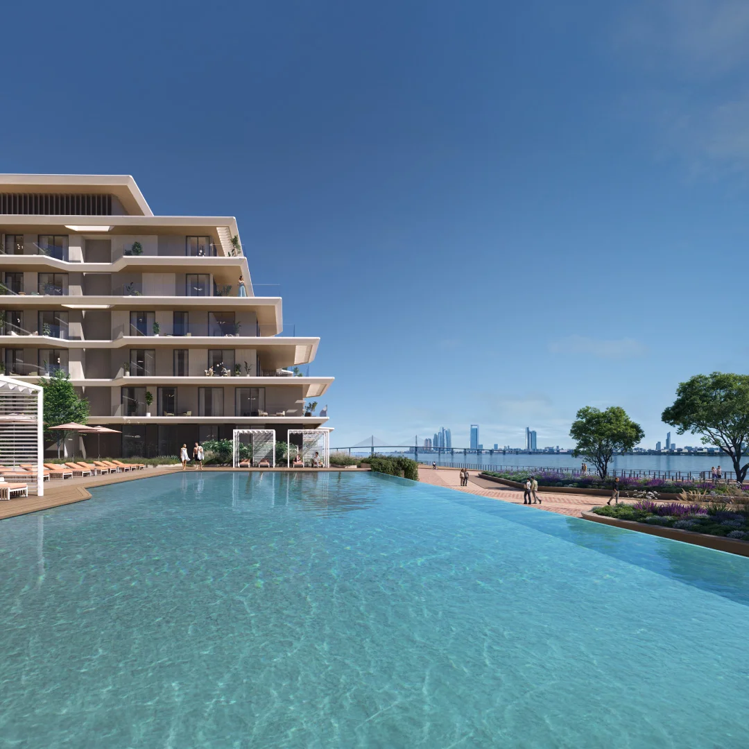 Bashayer Residences infinity pool terrace with Abu Dhabi skyline views on Hudayriyat Island by Modon