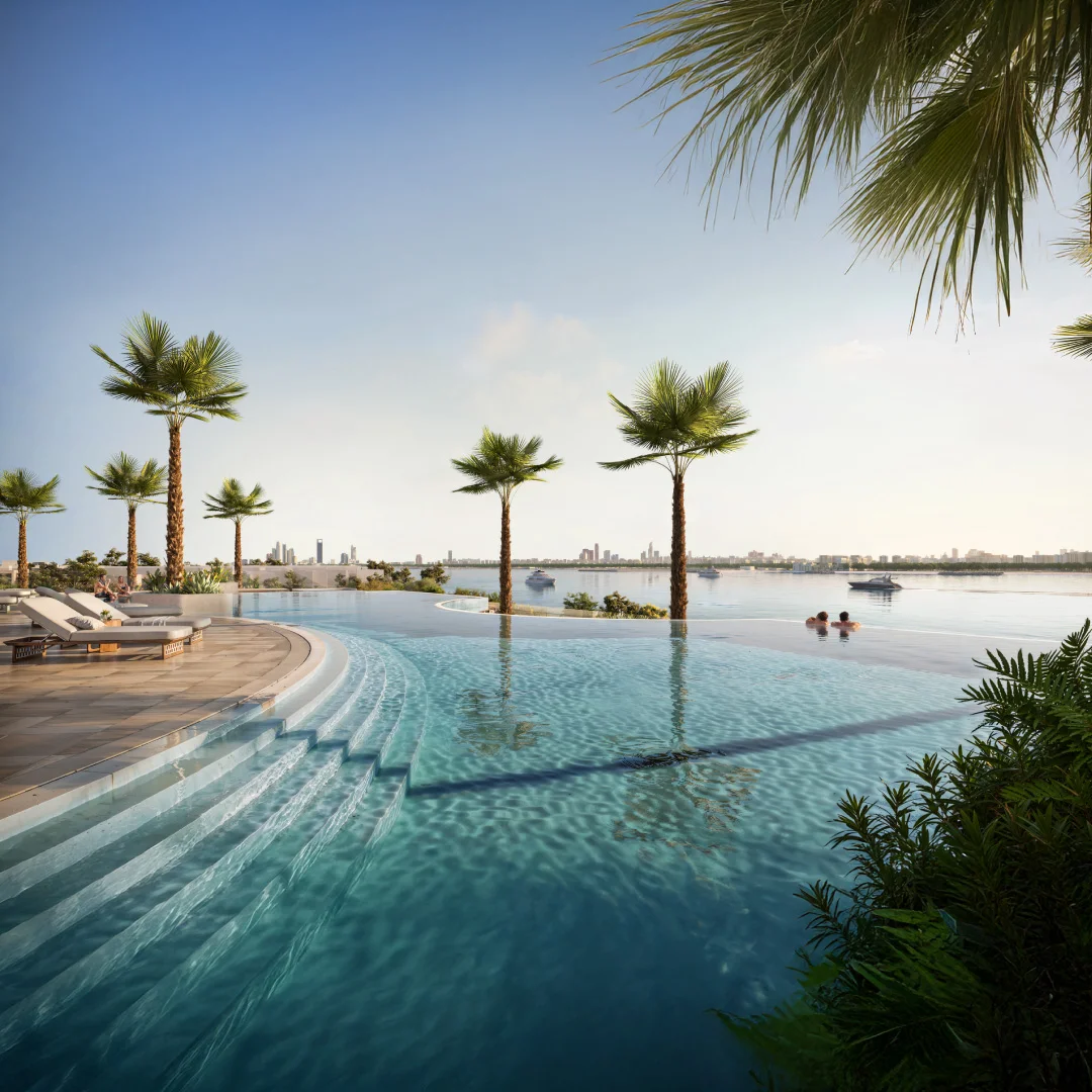 Infinity pool and marina views at Bashayer Residences on Hudayriyat Island, Abu Dhabi by Modon