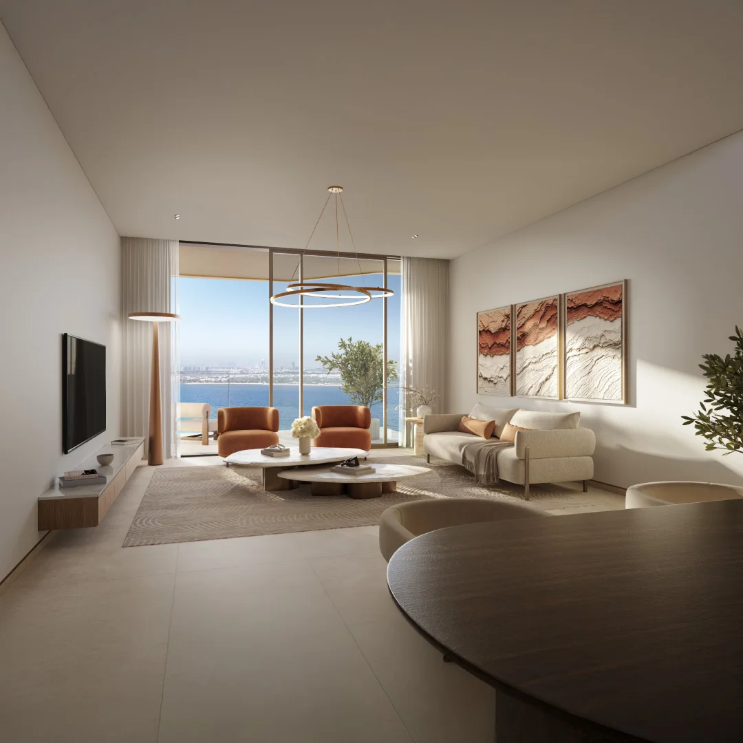 Luxury living room at Bashayer Residences with terrace view of the sea and Abu Dhabi skyline on Hudayriyat Island
