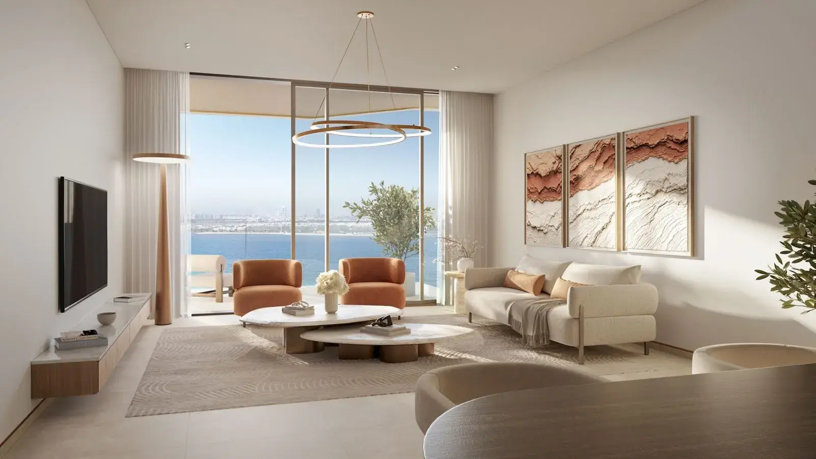 Bashayer Residences living room with terracotta accents and waterfront view on Hudayriyat Island, Abu Dhabi by Modon