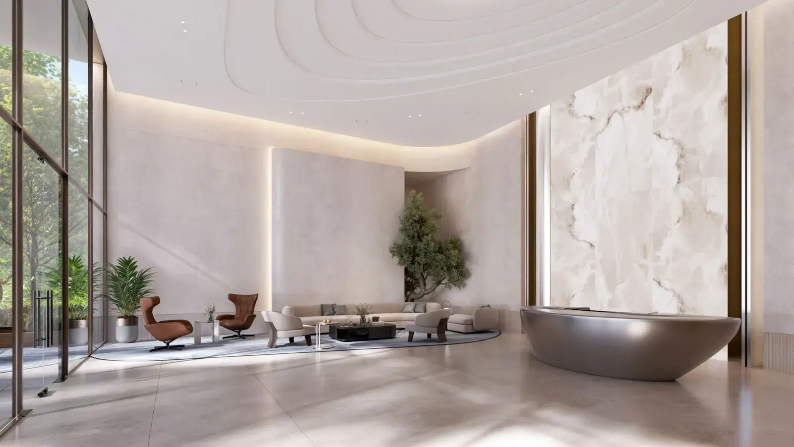 Luxury lobby interior at Bashayer Residences on Hudayriyat Island, Abu Dhabi with marble feature wall by Modon