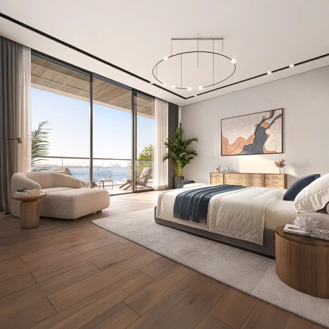Bashayer Residences master bedroom with floor-to-ceiling windows and sea view on Hudayriyat Island, Abu Dhabi by Modon