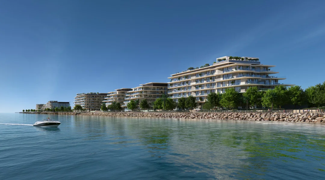 Bashayer Residences terraced waterfront apartments on Hudayriyat Island, Abu Dhabi with Abu Dhabi skyline views