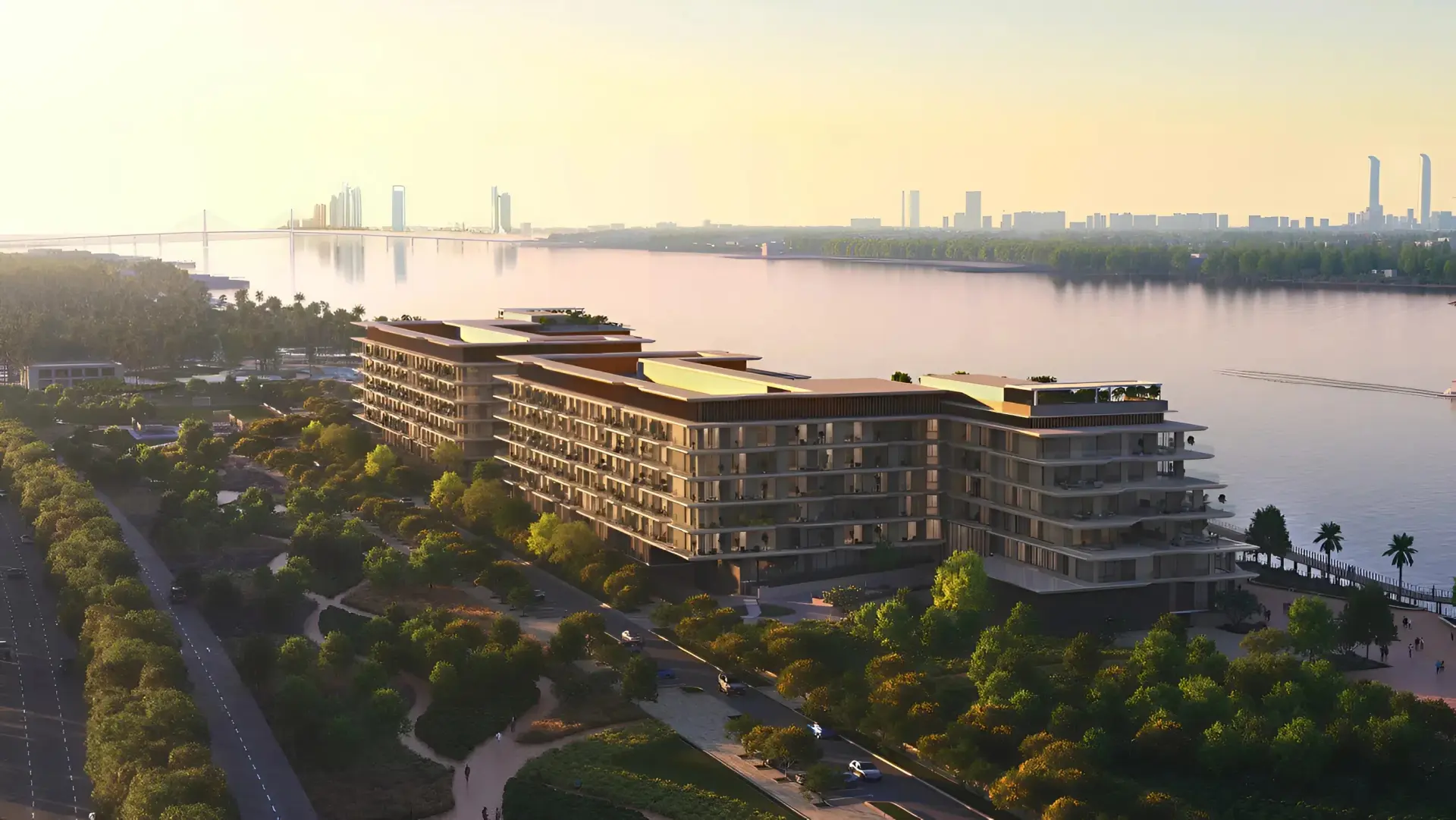 Bashayer Residences waterfront exterior at sunset on Hudayriyat Island, Abu Dhabi by Modon