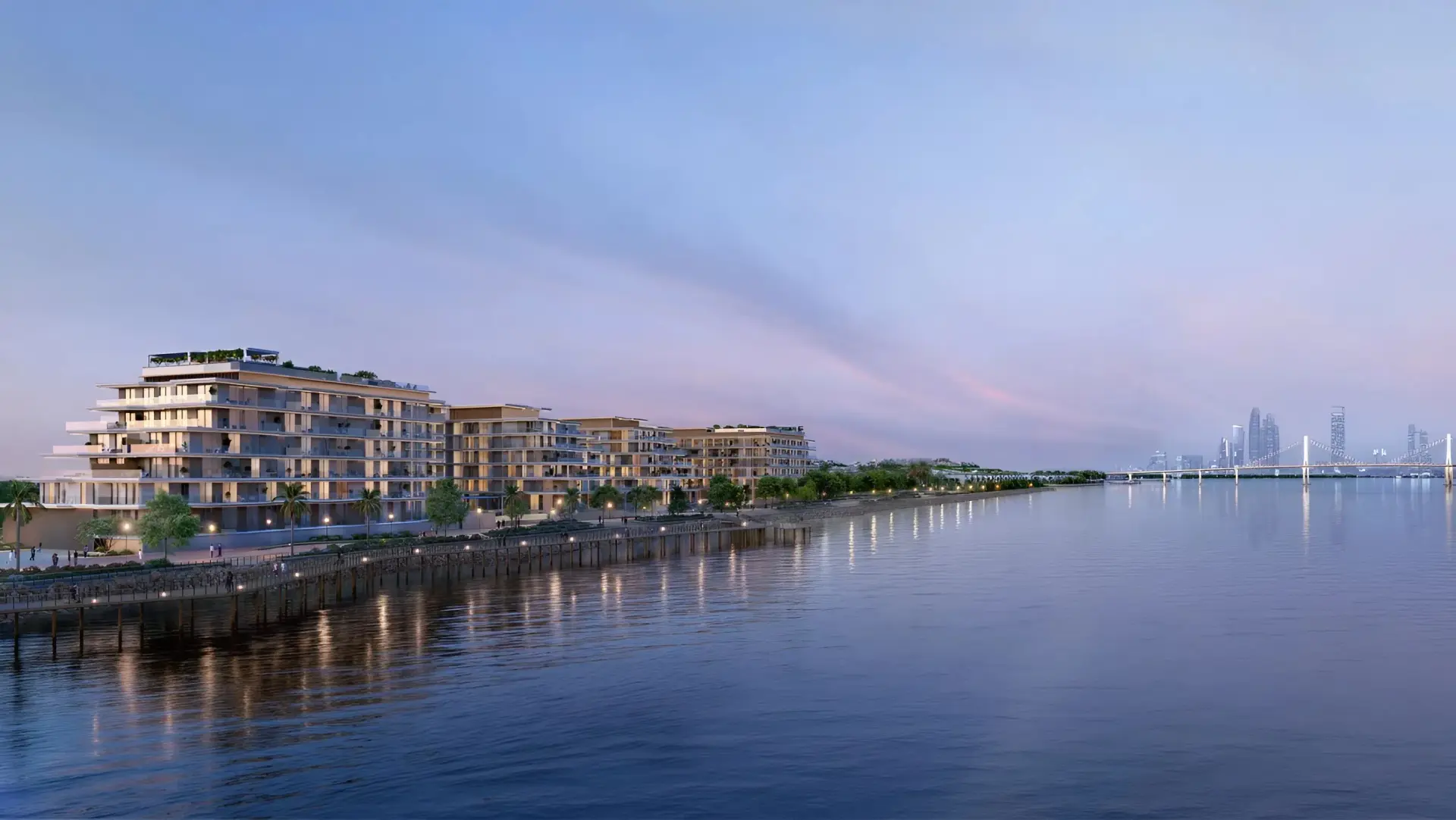 Bashayer Residences waterfront promenade at twilight on Hudayriyat Island, Abu Dhabi with city skyline reflections