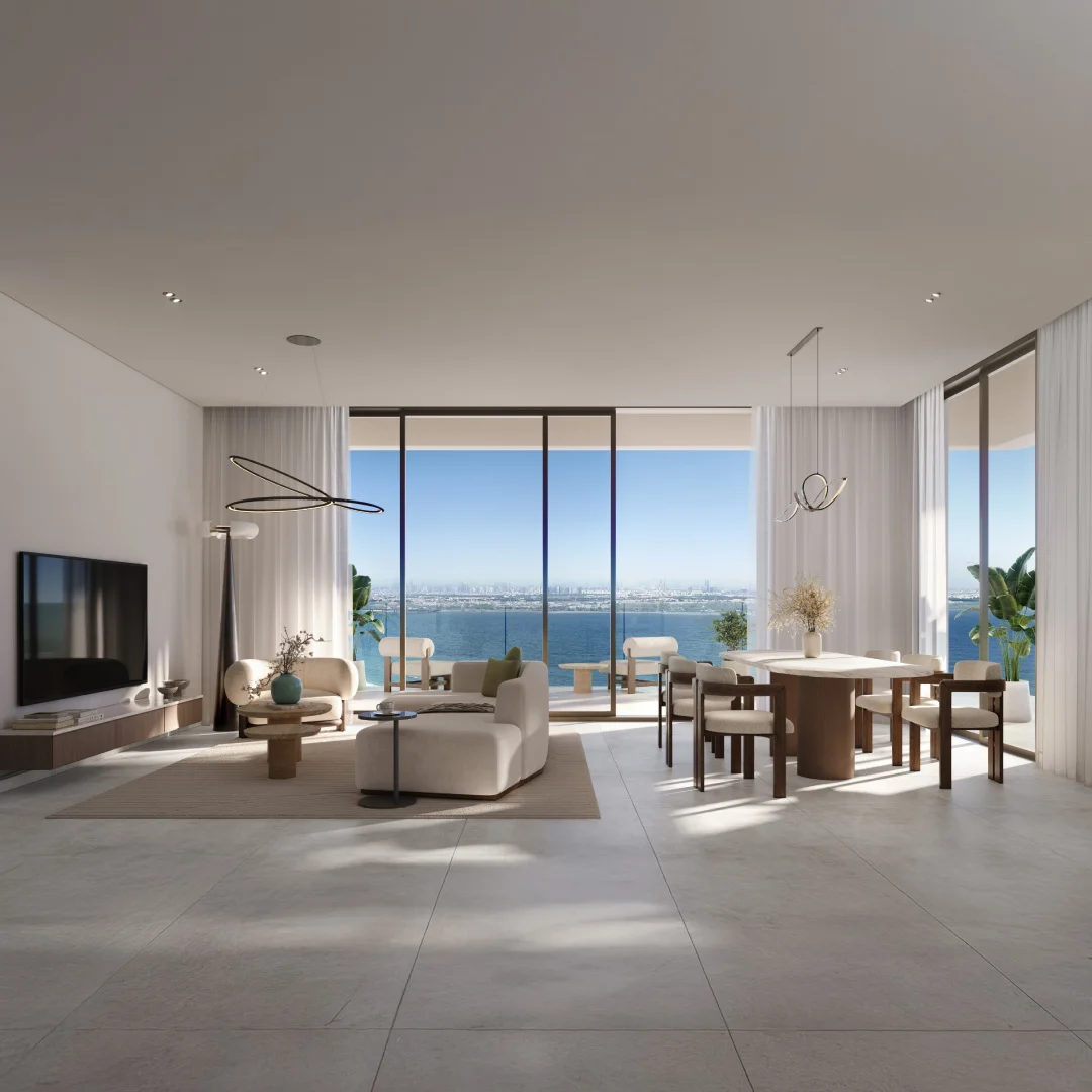 Open-plan living and dining room in a Bashayer Select Villa on Hudayriyat Island, Abu Dhabi with sea views by Modon