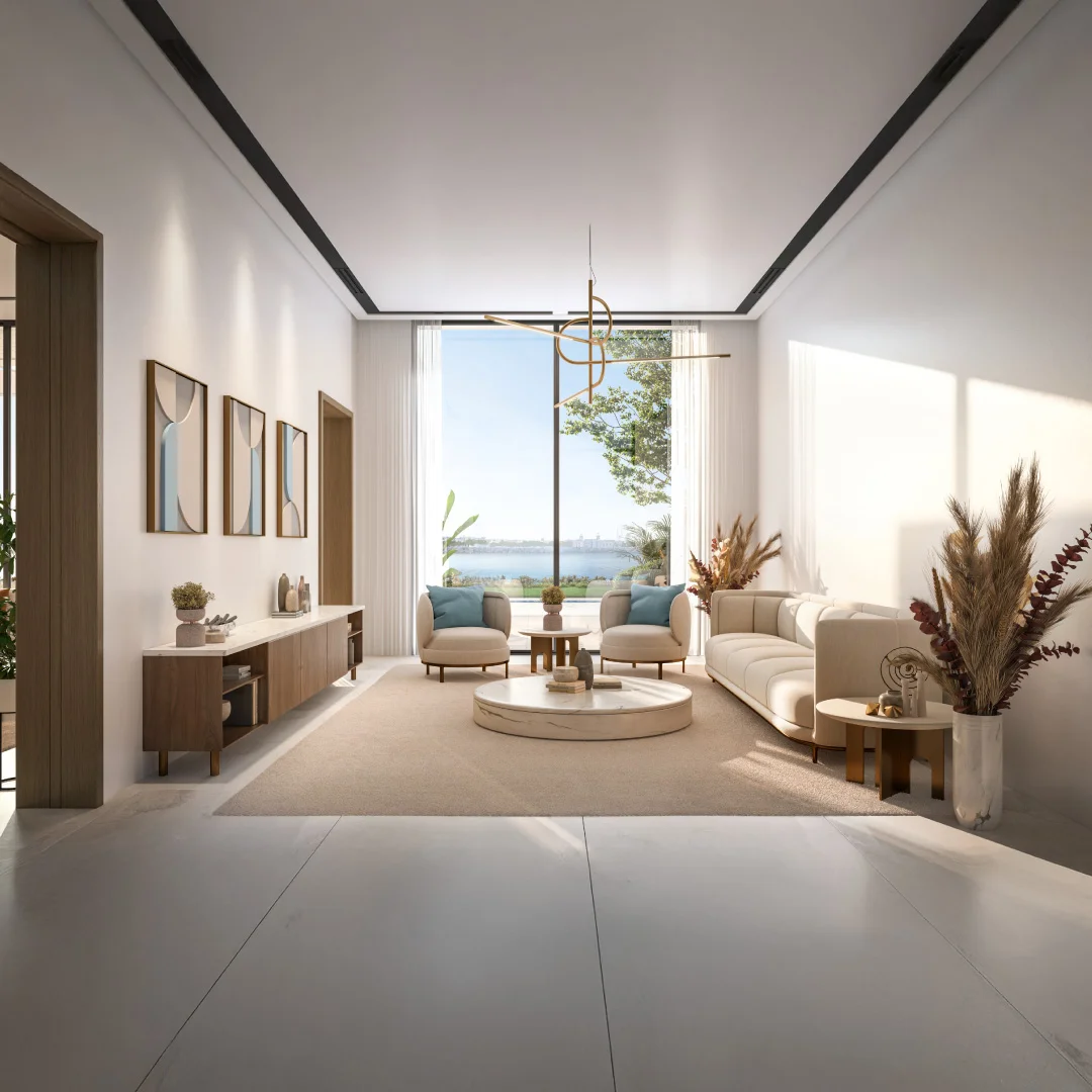 Bashayer Select Villa living room with curved sofa and waterfront view on Hudayriyat Island, Abu Dhabi by Modon