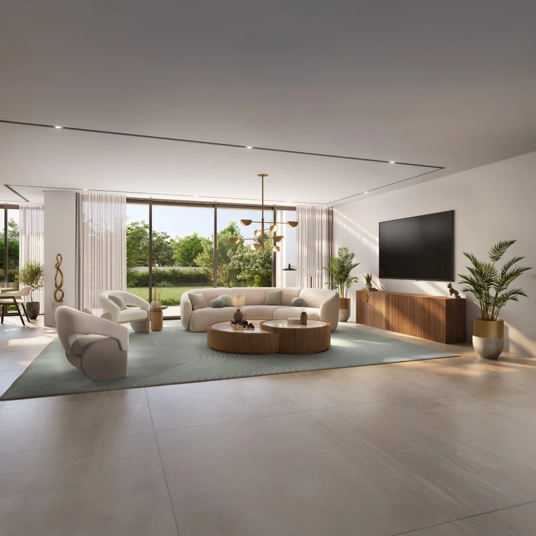Modern Bashayer Select Villa living room overlooking landscaped garden on Hudayriyat Island, Abu Dhabi by Modon