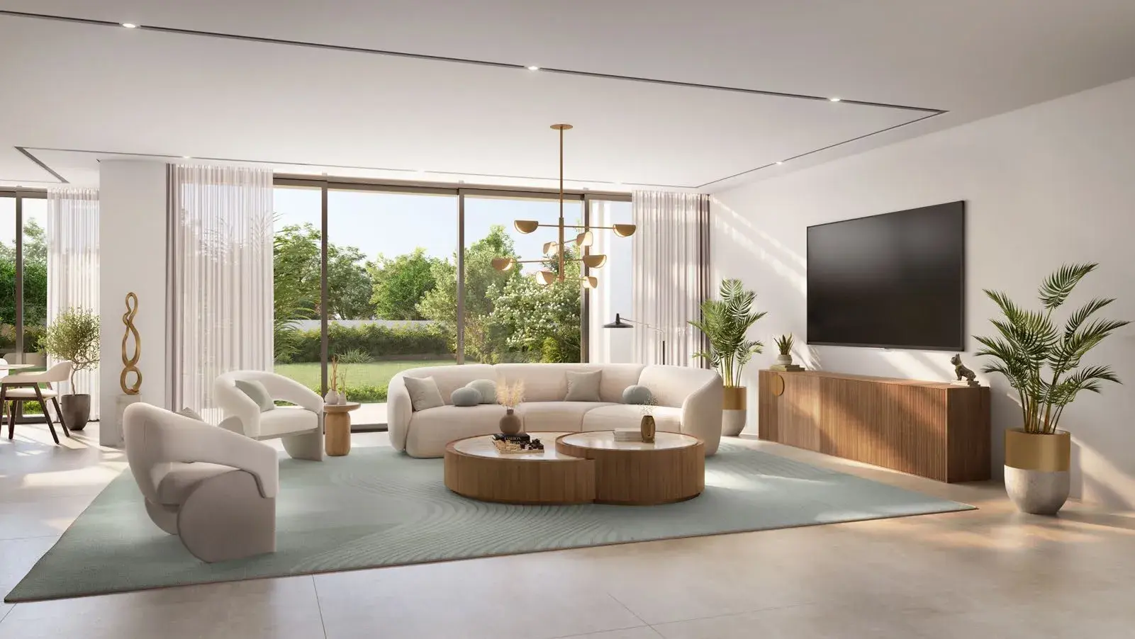 Bashayer Select Villa living room with garden views on Hudayriyat Island, Abu Dhabi by Modon