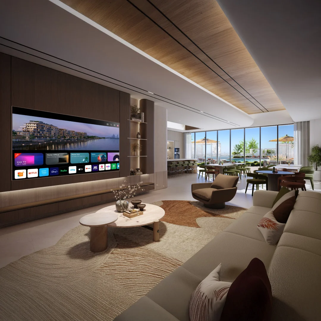 Bashayer Select Villas living room interior with open kitchen on Hudayriyat Island, Abu Dhabi by Modon