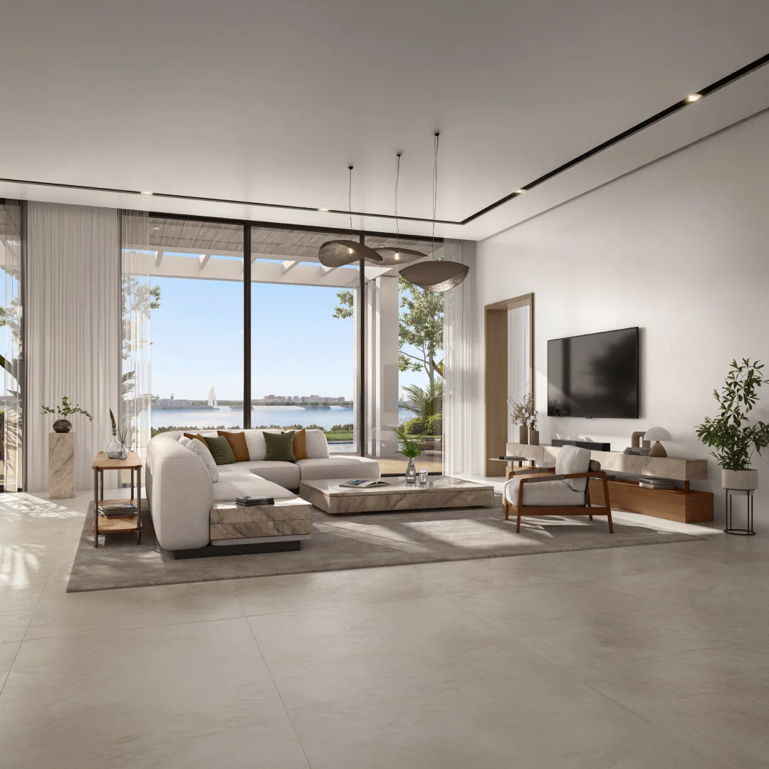 Waterfront living room interior in a Bashayer villa on Hudayriyat Island, Abu Dhabi with marble finishes by Modon