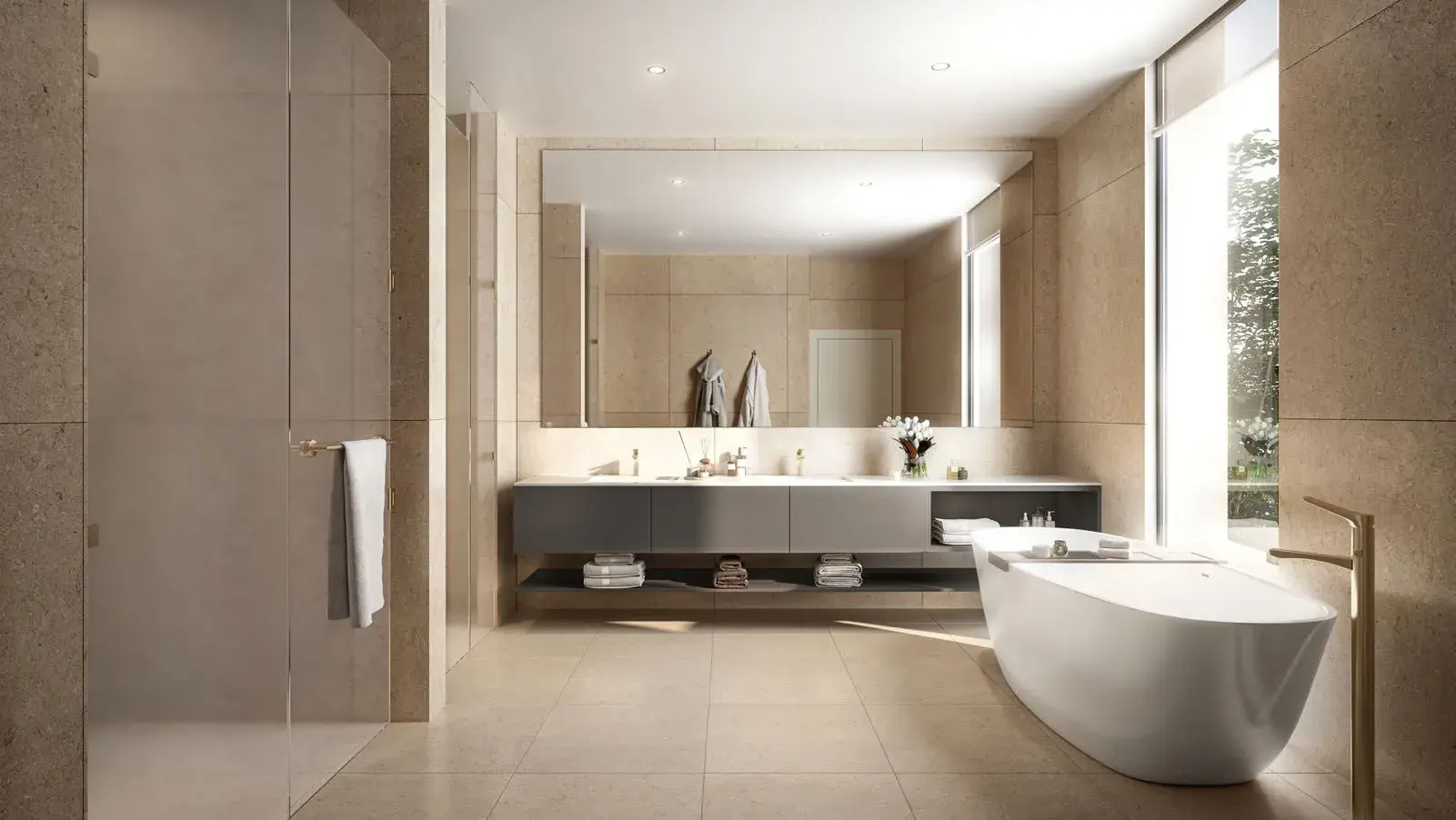 Master bathroom with freestanding tub at Bashayer Residences on Hudayriyat Island, Abu Dhabi by Modon