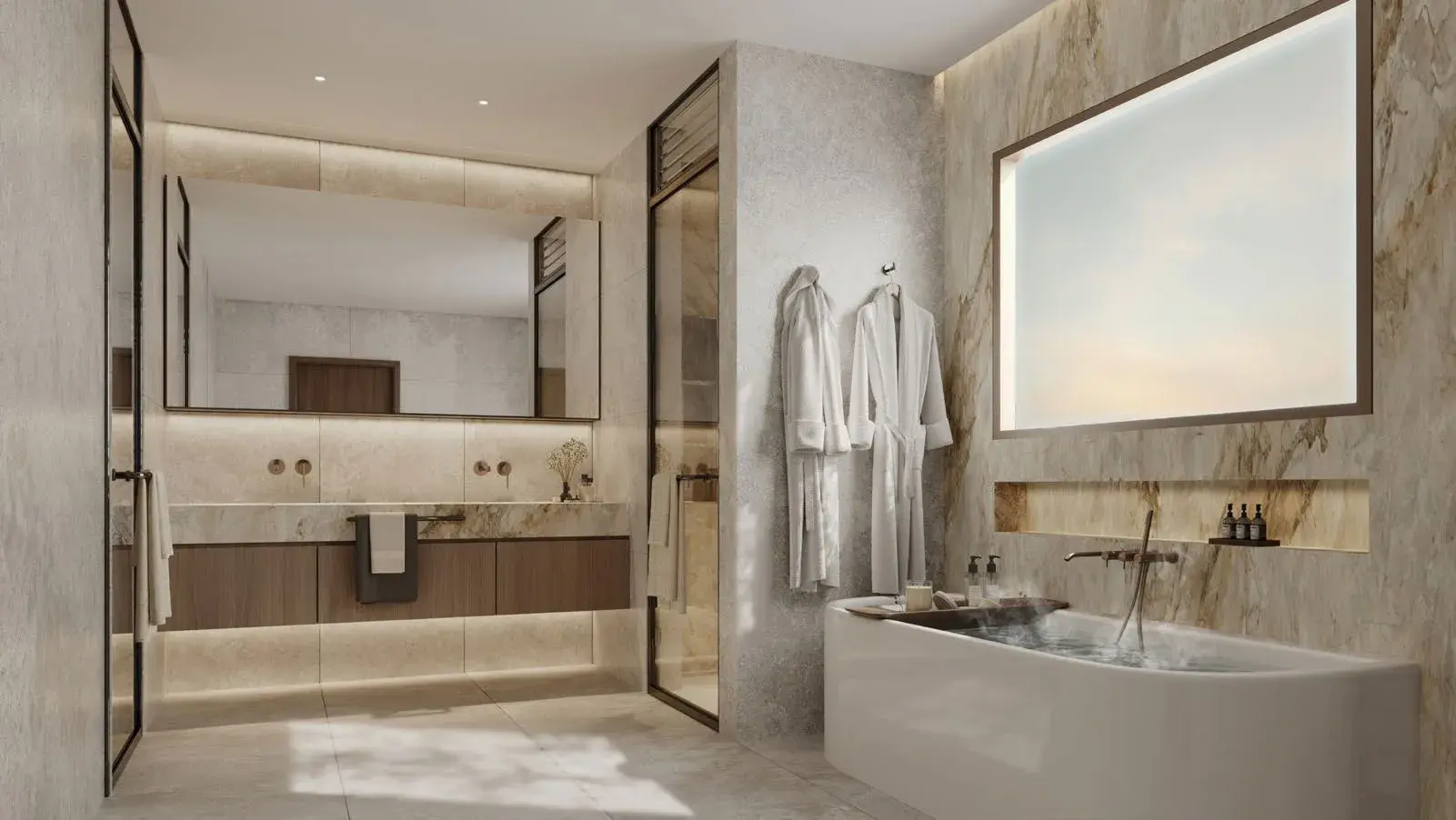 Spa-style ensuite bathroom with freestanding tub in a Bashayer villa on Hudayriyat Island, Abu Dhabi by Modon