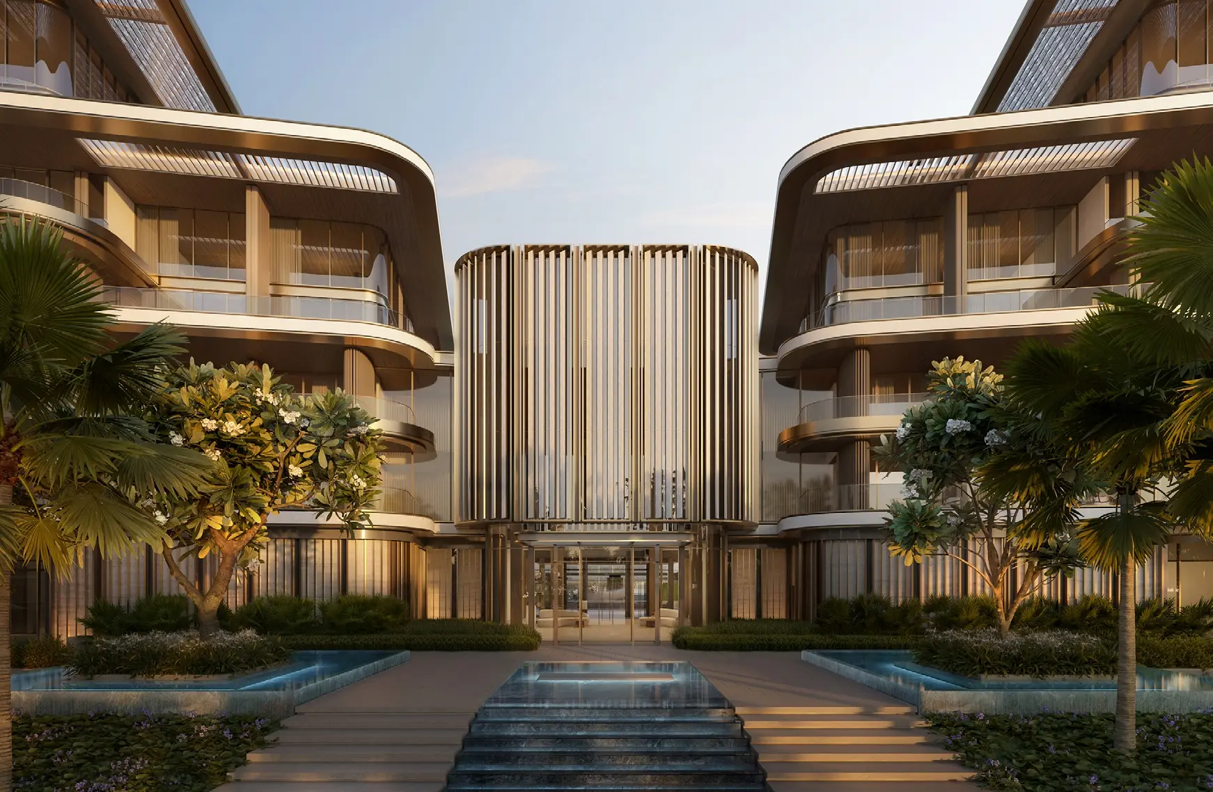 Landscaped arrival courtyard at Four Seasons Private Residences Abu Dhabi at Saadiyat Beach by ALAIN