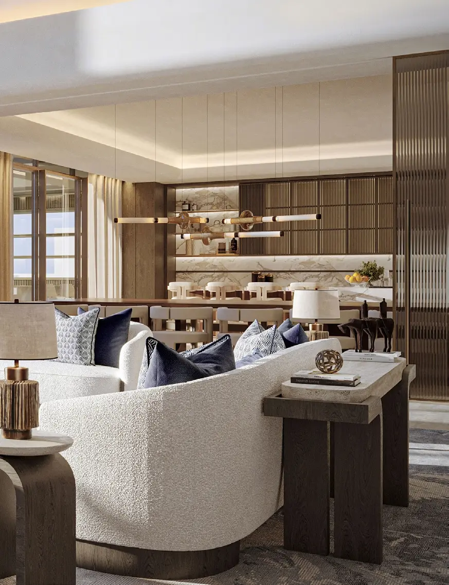 Double-height suite lounge at Four Seasons Private Residences Abu Dhabi at Saadiyat Beach by ALAIN