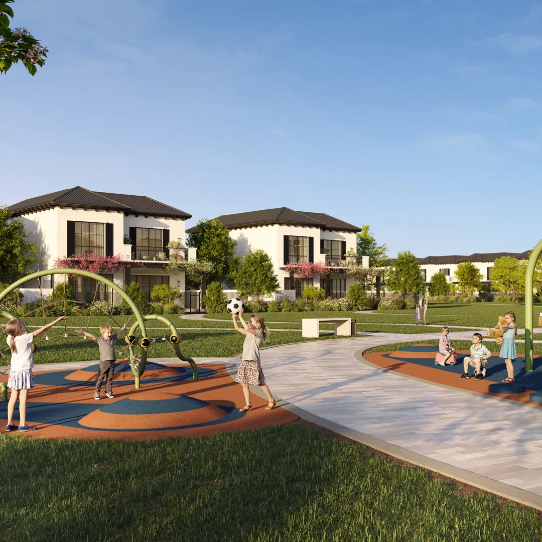 Children's playground and landscaped park among golf townhomes at Hudayriyat Golf Estates by Modon, Hudayriyat Island, Abu Dhabi