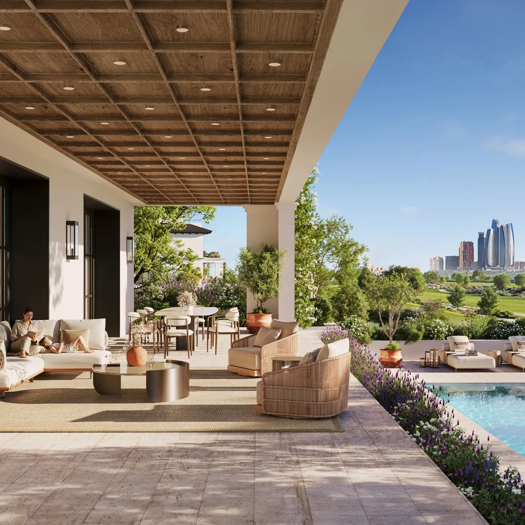 6BR Fairway Villa terrace and private pool overlooking the championship golf course at Hudayriyat Golf Estates, Hudayriyat Island, Abu Dhabi