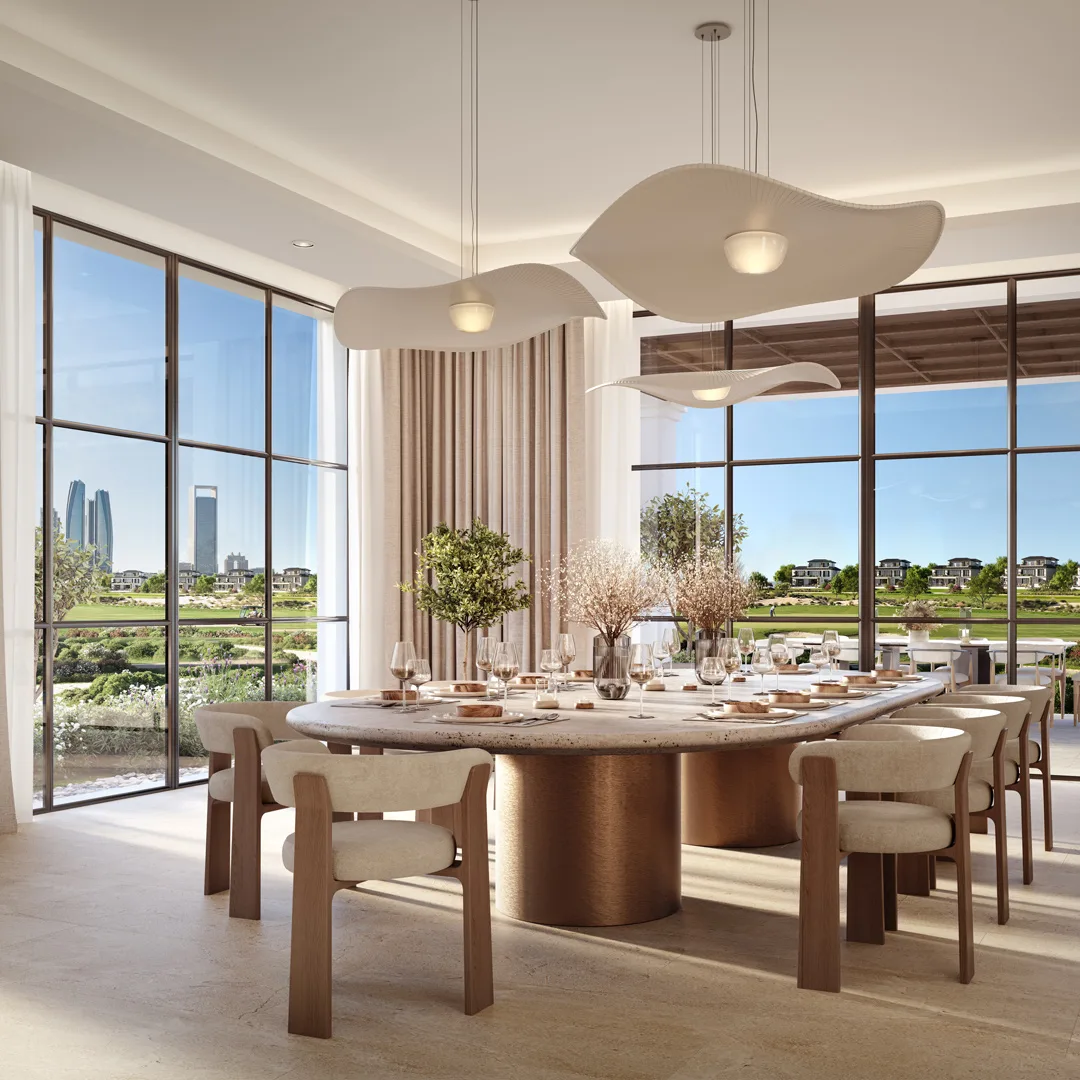 Country Clubhouse fine dining room with floor-to-ceiling fairway views at Hudayriyat Golf Estates, Hudayriyat Island, Abu Dhabi