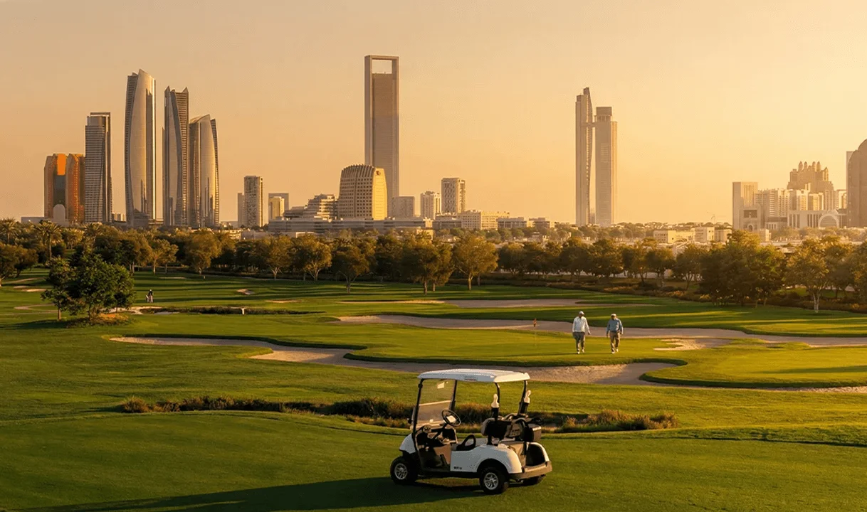 Aerial view of Hudayriyat Golf Estates golf villas and fairways, Hudayriyat Island, Abu Dhabi