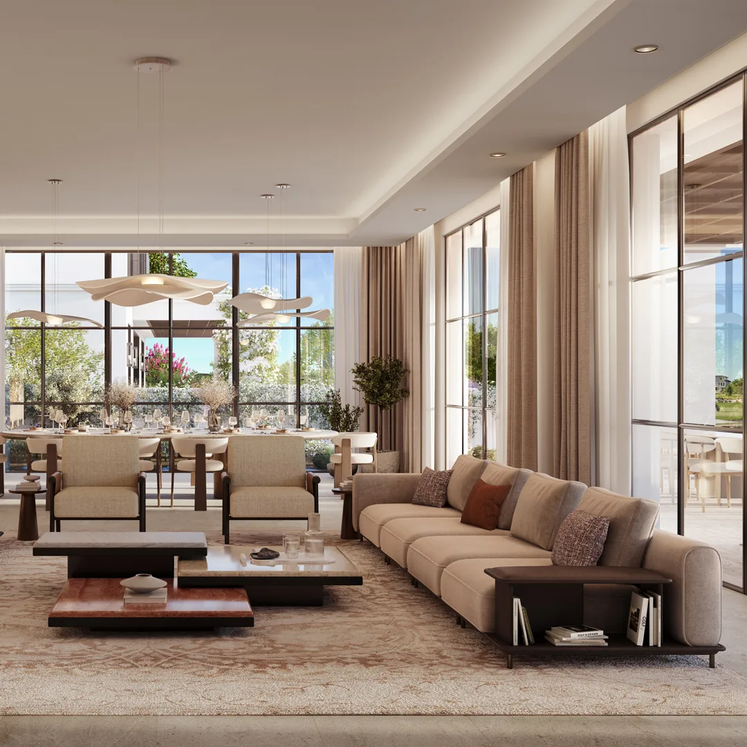 Open-plan living and dining room in a luxury golf villa at Hudayriyat Golf Estates by Modon, Hudayriyat Island, Abu Dhabi