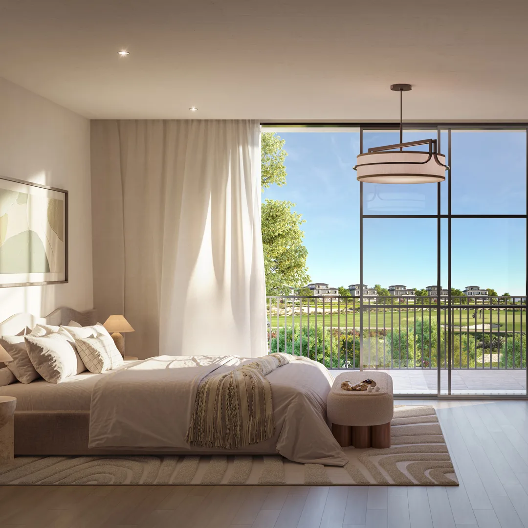 Master bedroom with golf course and fairway views in a Hudayriyat Golf Estates villa by Modon, Hudayriyat Island, Abu Dhabi