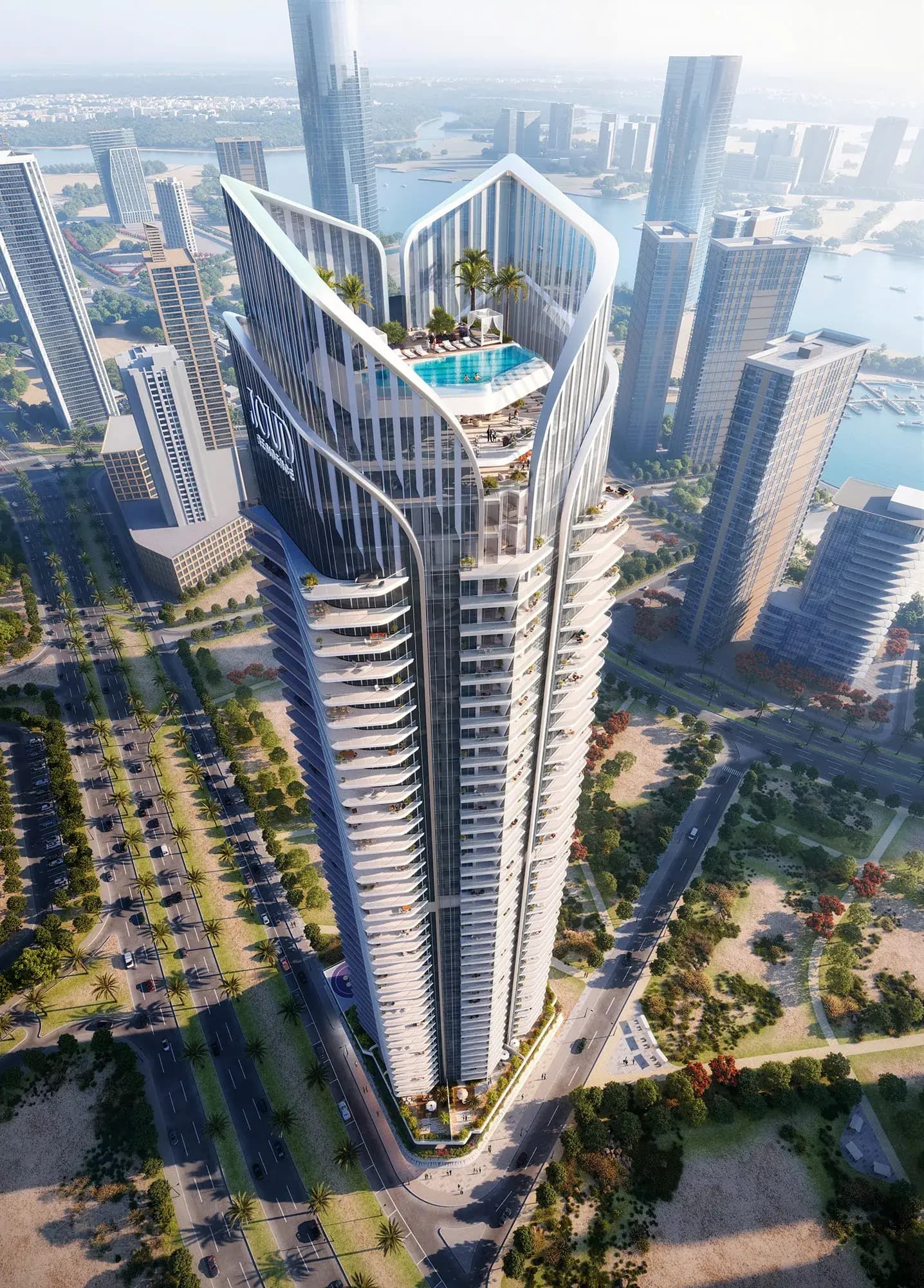 Aerial view of the JOUD Residence residential tower on Al Reem Island, Abu Dhabi