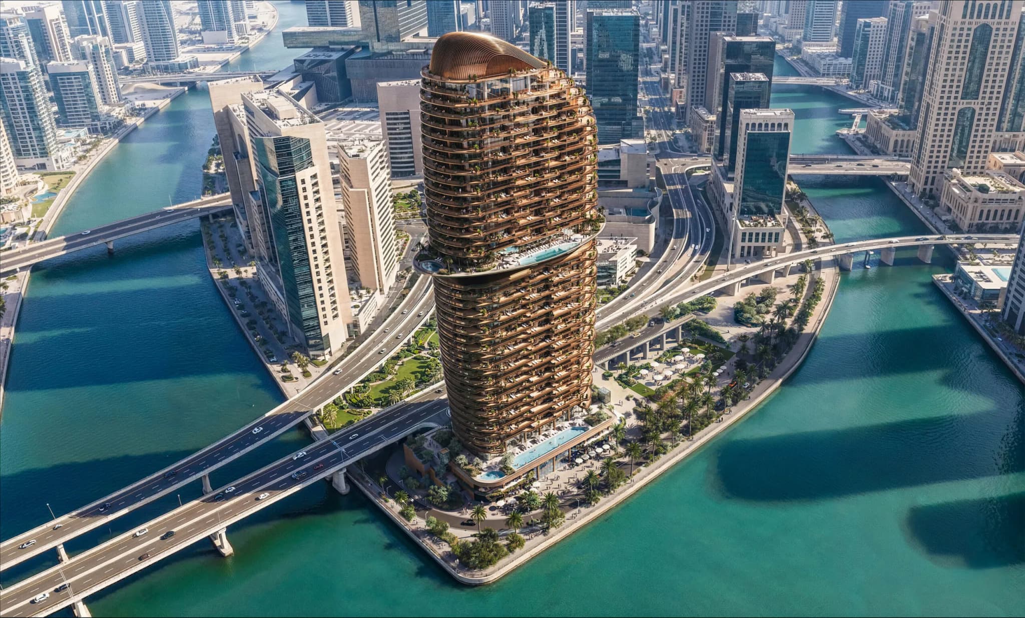 Aerial rendering of Jumeirah Residences at Al Maryah Island, Abu Dhabi, a sculptural waterfront tower beside the Grand Steps