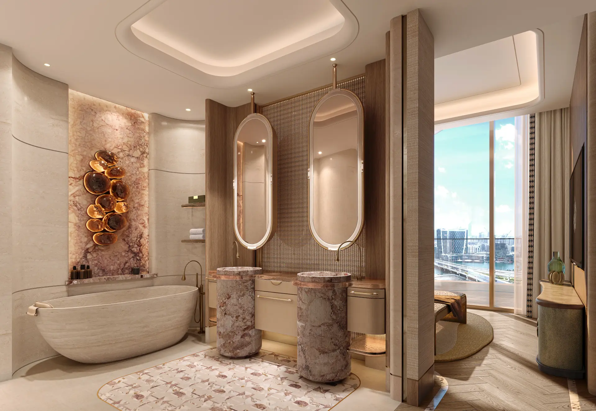 Bathroom interior at Jumeirah Residences at Al Maryah Island, Abu Dhabi, with a freestanding bath and dual vanities