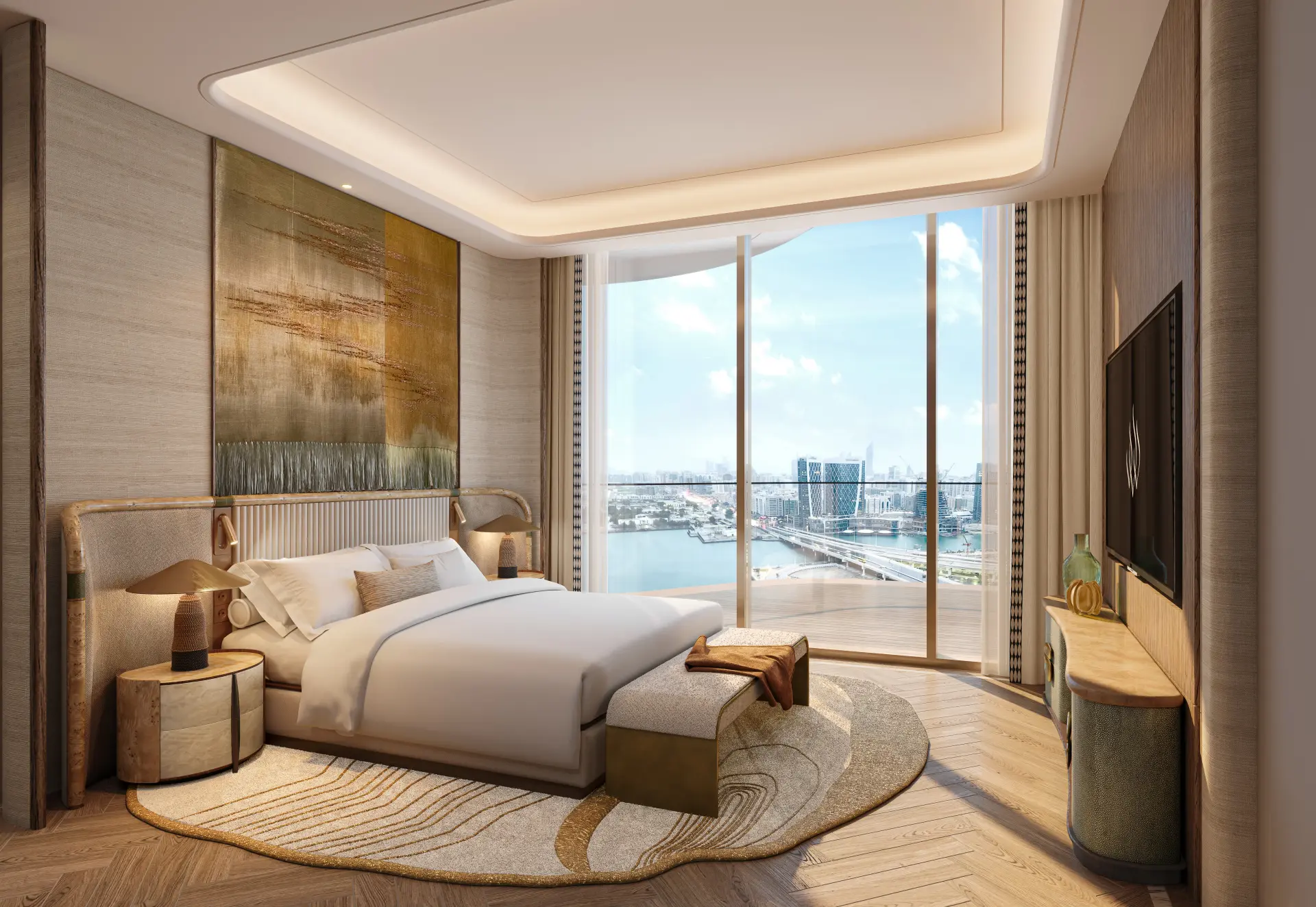 Bedroom interior at Jumeirah Residences at Al Maryah Island, Abu Dhabi, looking toward the waterfront