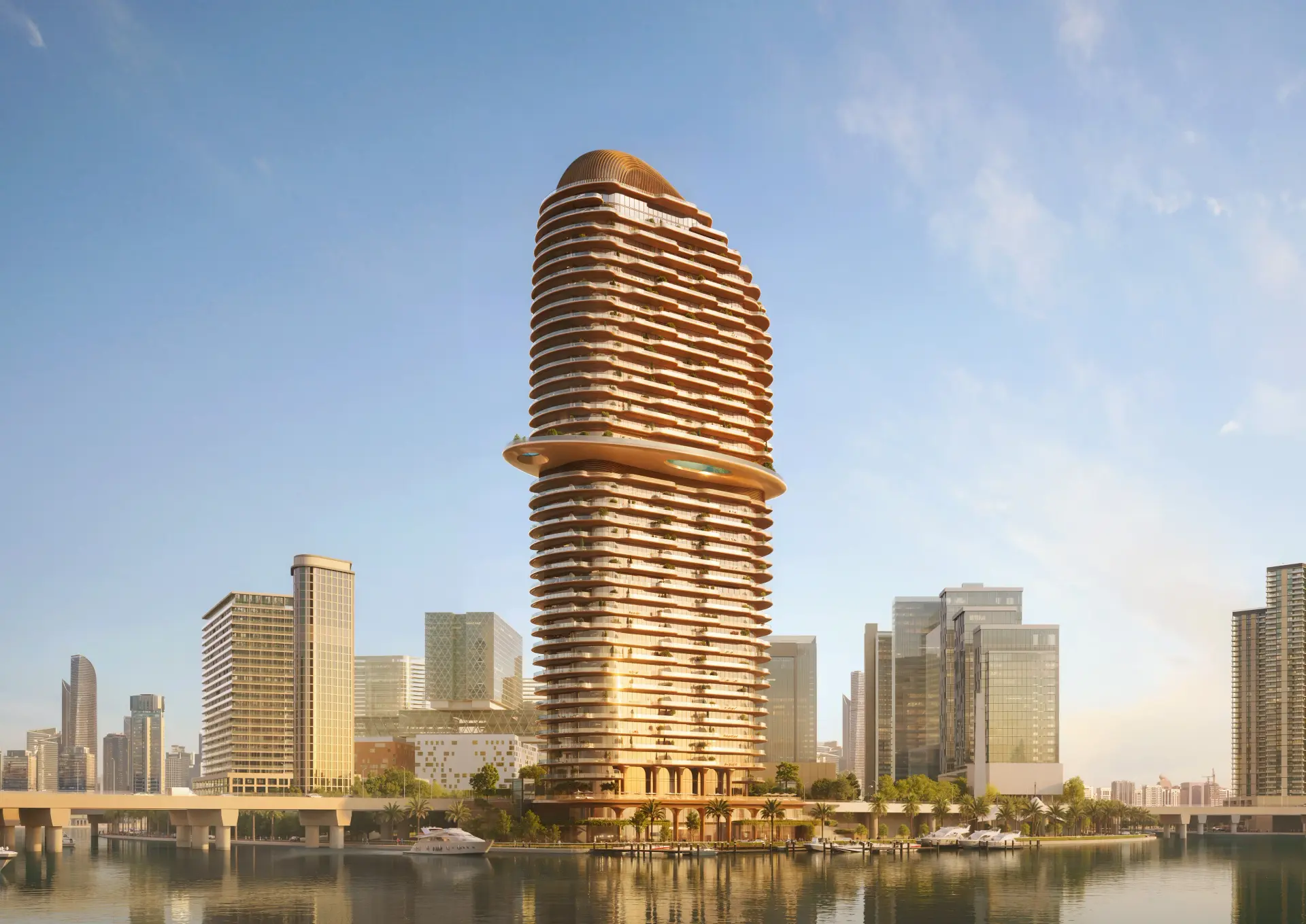 Daylight view of the Jumeirah Residences tower on Al Maryah Island, Abu Dhabi, across the water