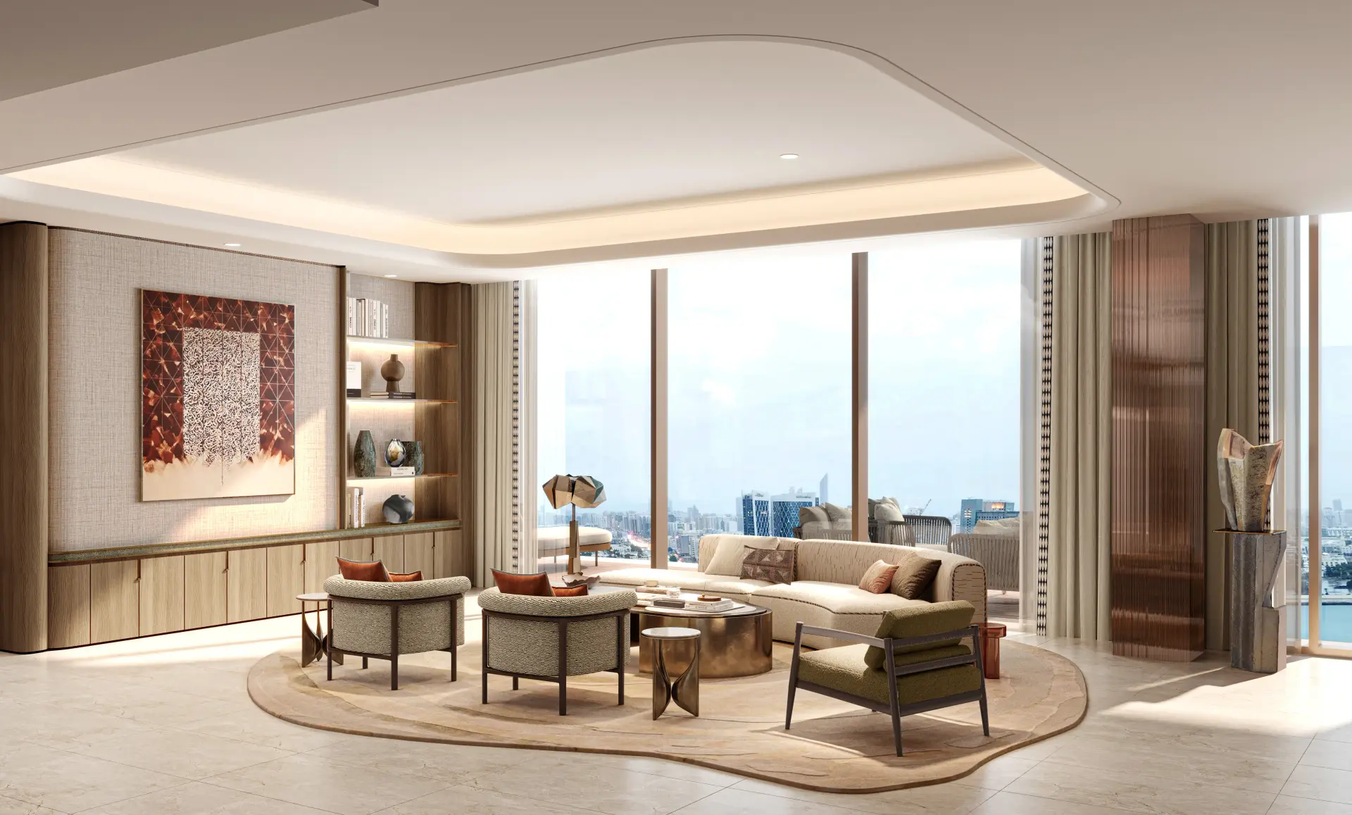 Living room interior at Jumeirah Residences at Al Maryah Island, Abu Dhabi, with floor-to-ceiling windows