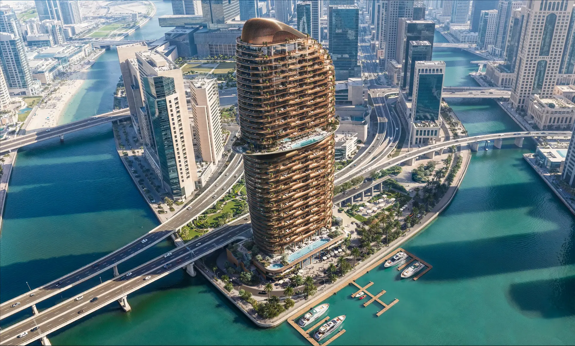 Marina-side aerial of Jumeirah Residences at Al Maryah Island, Abu Dhabi, with yacht berths along the island edge